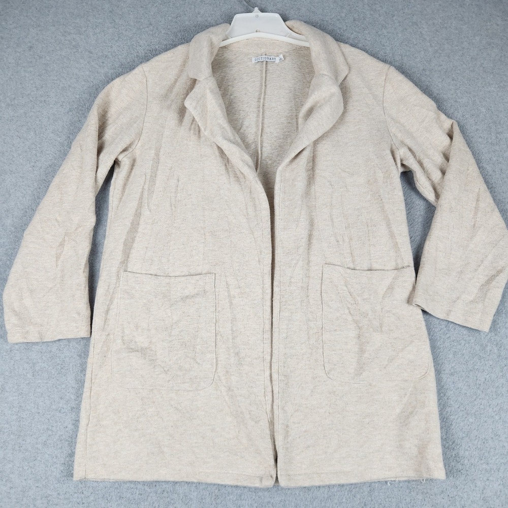 Dictionary Cardigan Womens Large Oatmeal Patch Pockets Notched Lapel Open Front